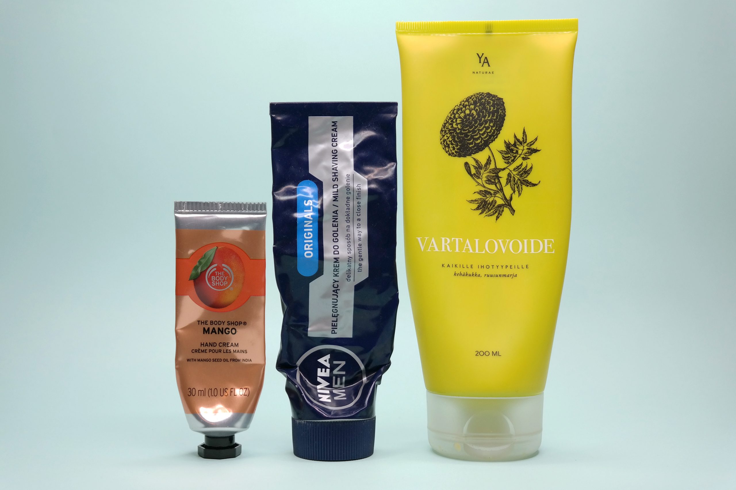 The Body Shop Mango hand cream, Nivea partavaahto, YA Naturae vartalovoide kaikille ihotyypeille